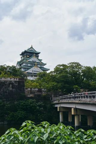 堀にかかる橋と、木立の上にのぞく天守