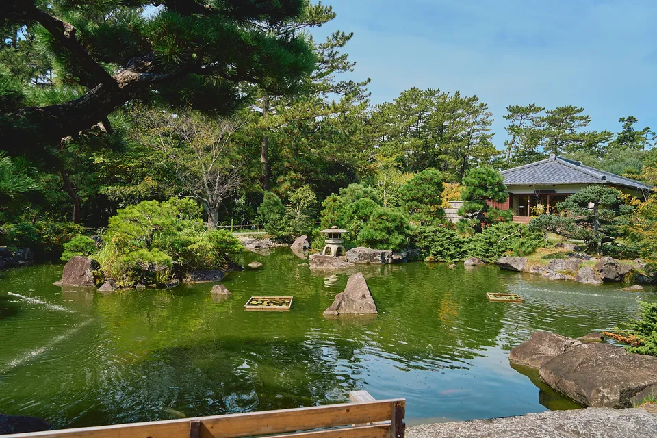 松に囲まれた池と、対岸に建つ瓦屋根の東屋
